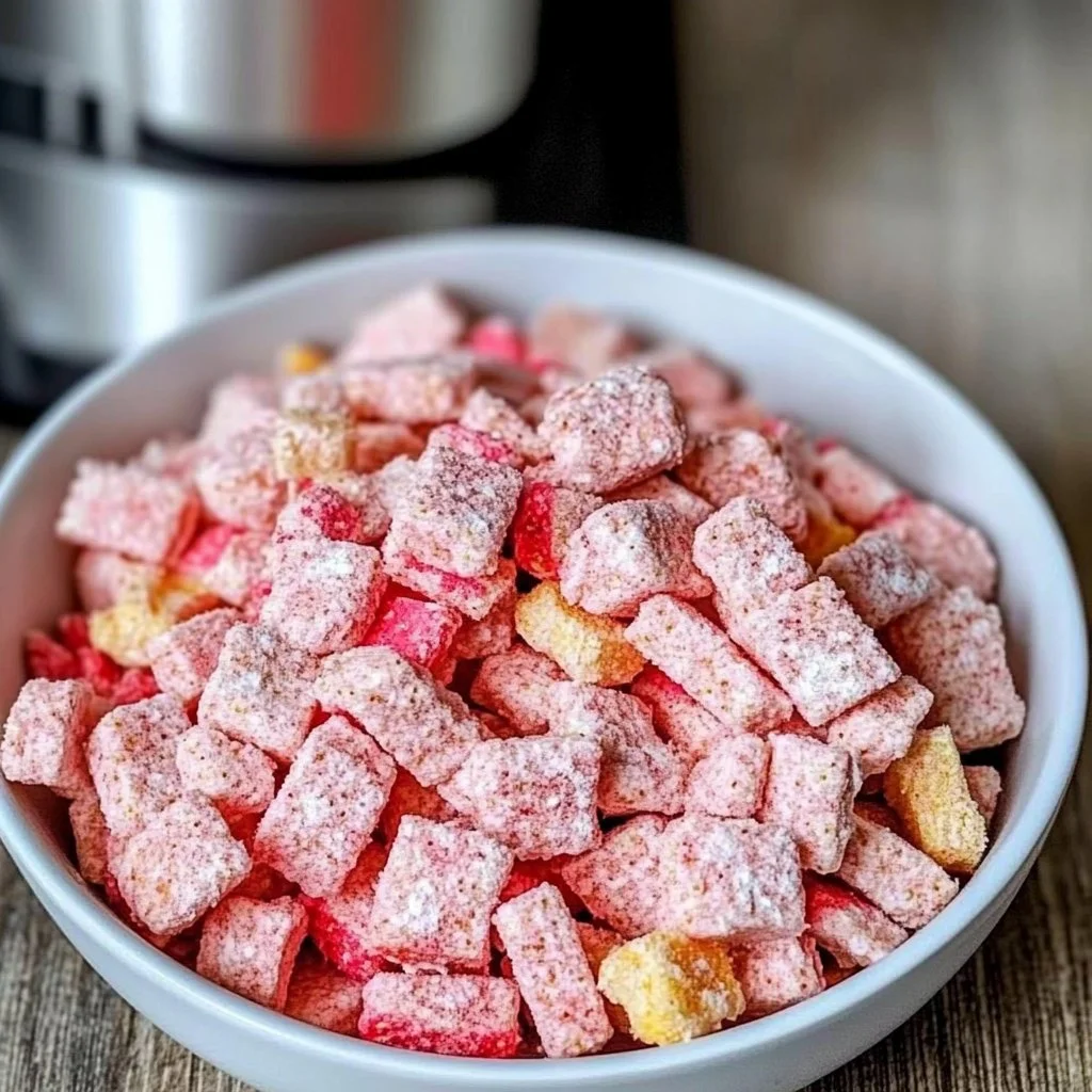 Quick Strawberry Shortcake Puppy Chow dessert in a bowl with fresh strawberries