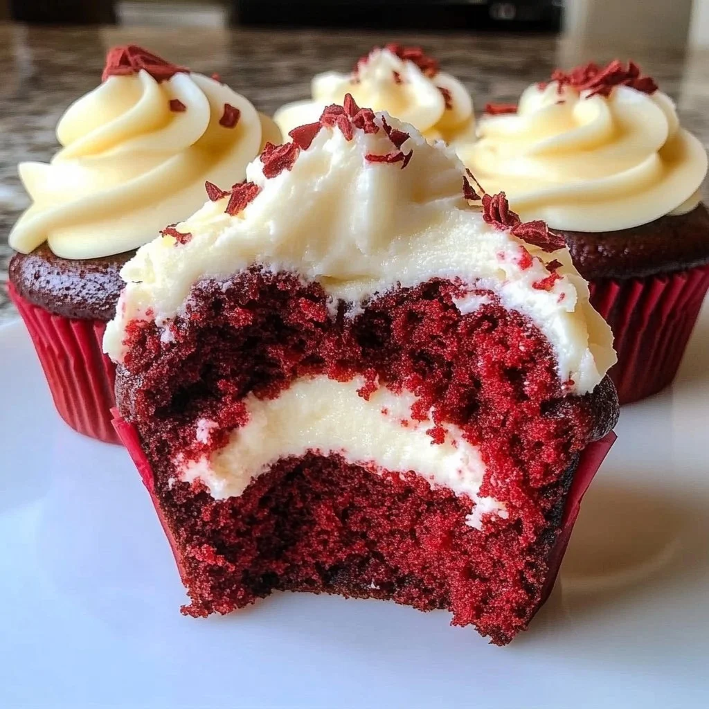 Delicious Red Velvet Cheesecake Cupcakes topped with cream cheese frosting