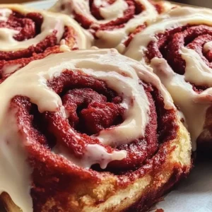 Freshly baked Red Velvet Cinnamon Rolls with cream cheese icing