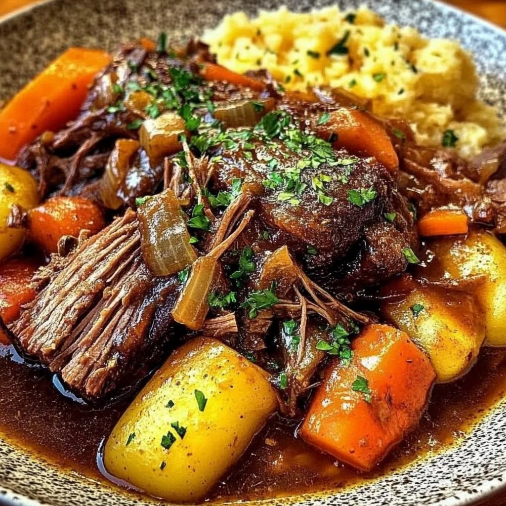 Delicious Red Wine Pot Roast served on a plate with vegetables