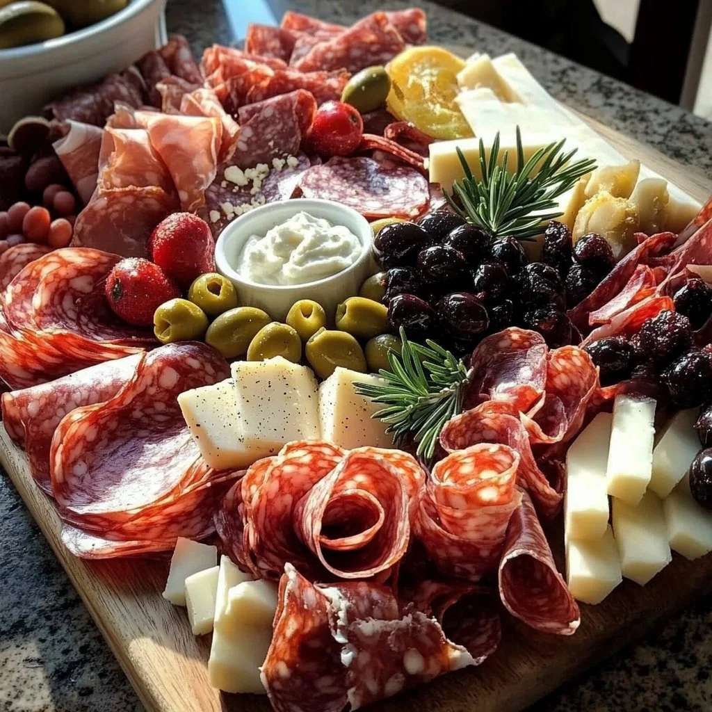 Romantic charcuterie board featuring cheeses, meats, fruits, and nuts.