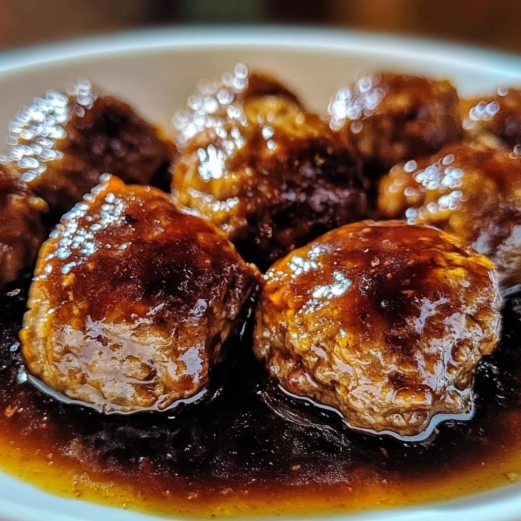 Delicious Salisbury Steak Meatballs served on a plate with gravy and vegetables.