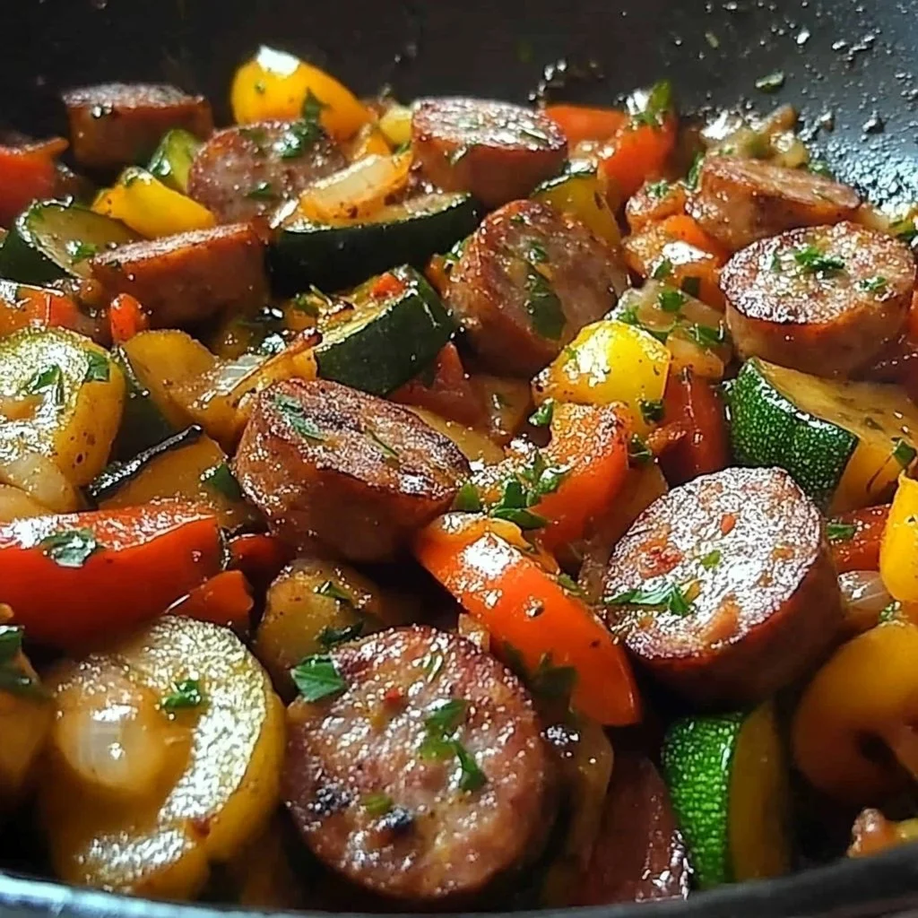 Delicious sausage and veggie skillet for quick and easy comfort food.