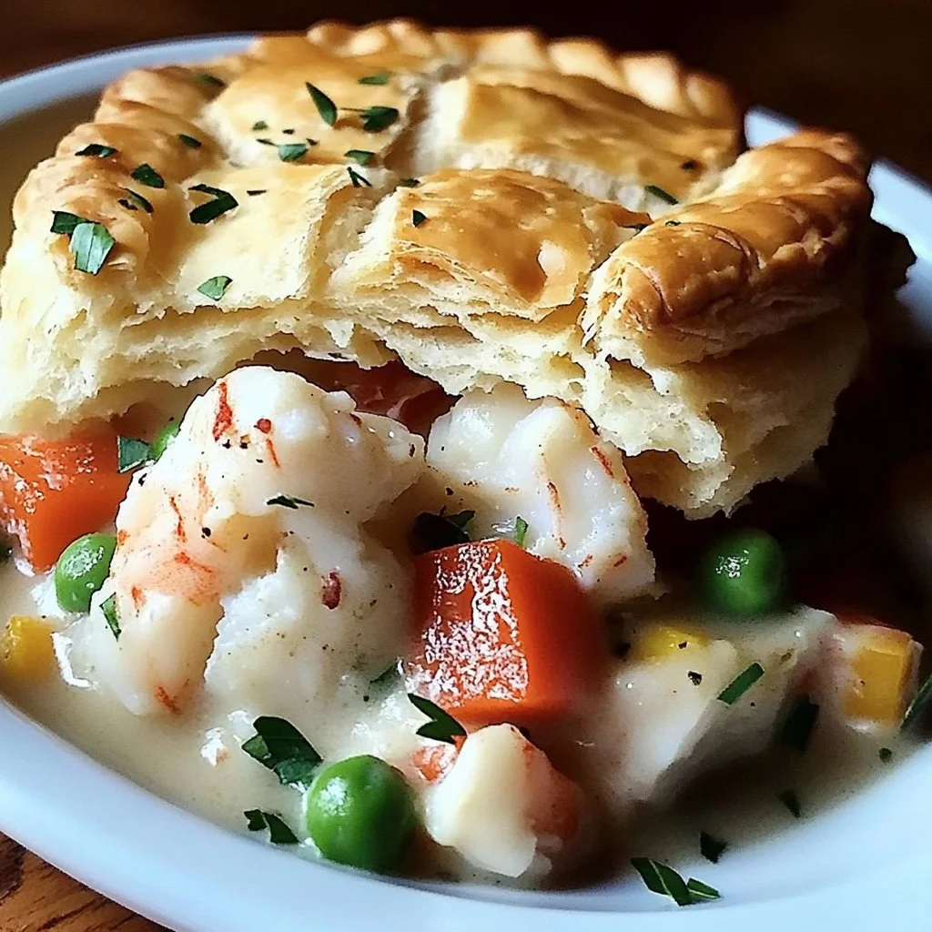 Delicious Seafood Biscuit Pot Pie served with a golden-brown biscuit topping