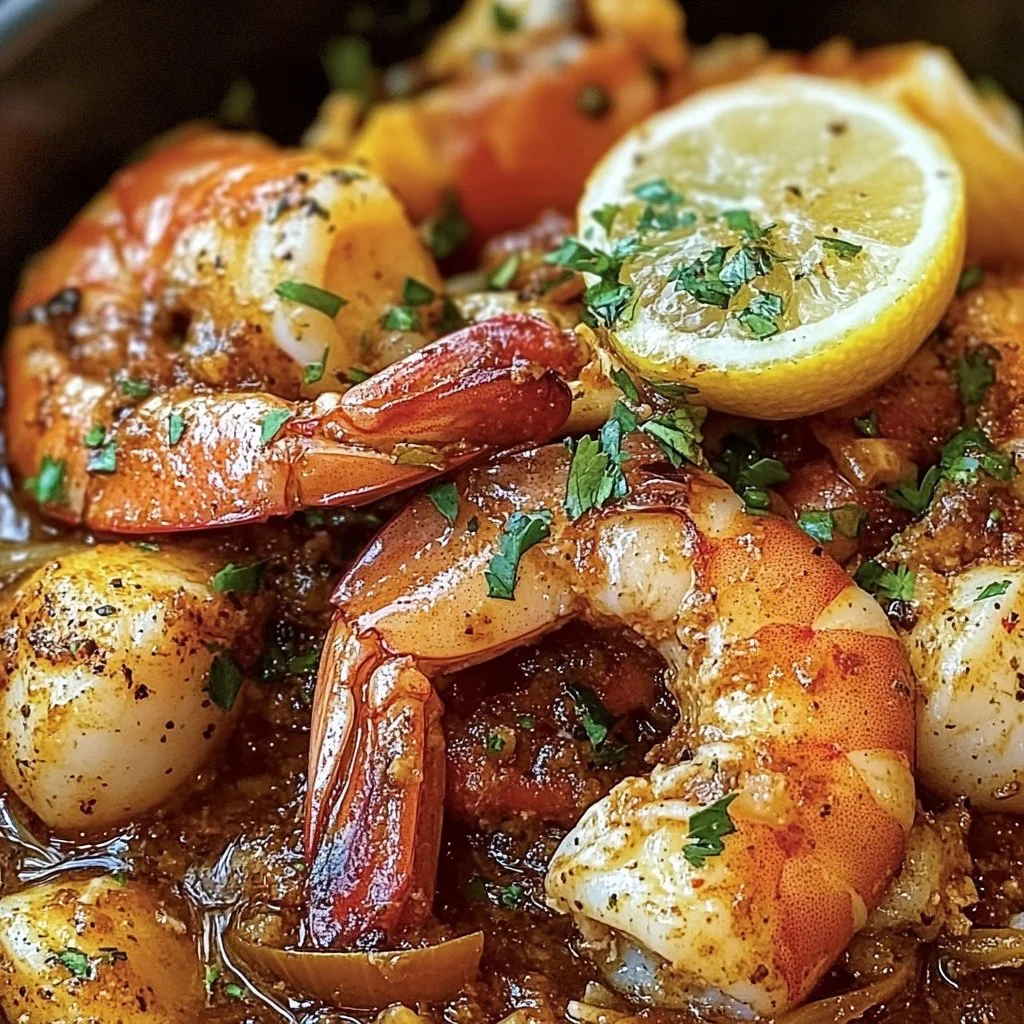 Delicious seafood boil butter sauce served with prawns and vegetables