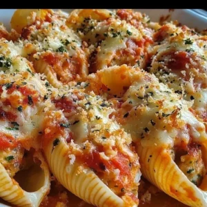 Delicious seafood stuffed shells filled with creamy seafood filling and topped with sauce