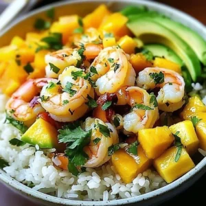 Colorful Shrimp Avocado Mango Bowl with fresh ingredients and vibrant presentation