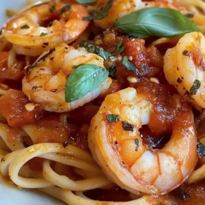 A delicious plate of Shrimp Fra Diavolo topped with spicy sauce and herbs.