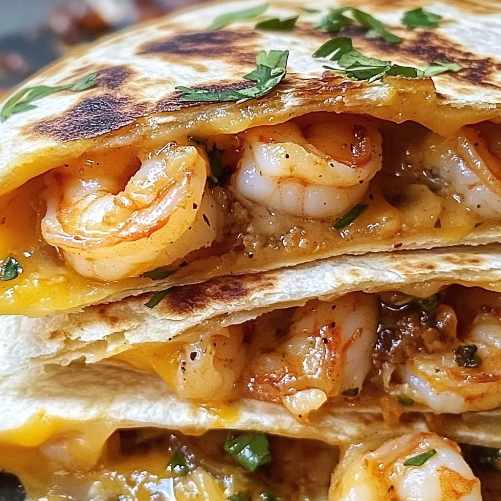 Shrimp quesadilla with melty cheese served on a plate