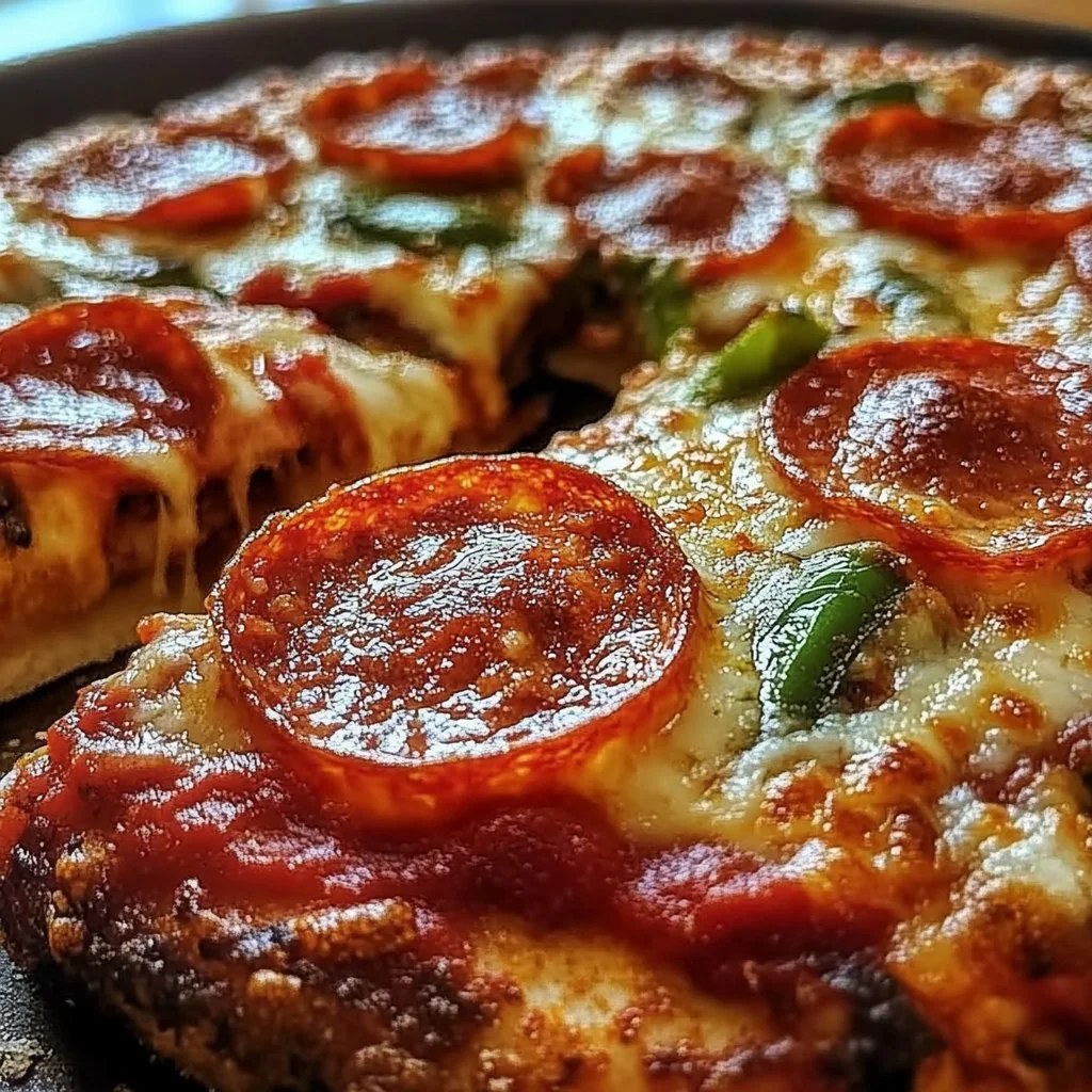 Homemade skillet pizza topped with fresh ingredients and melted cheese