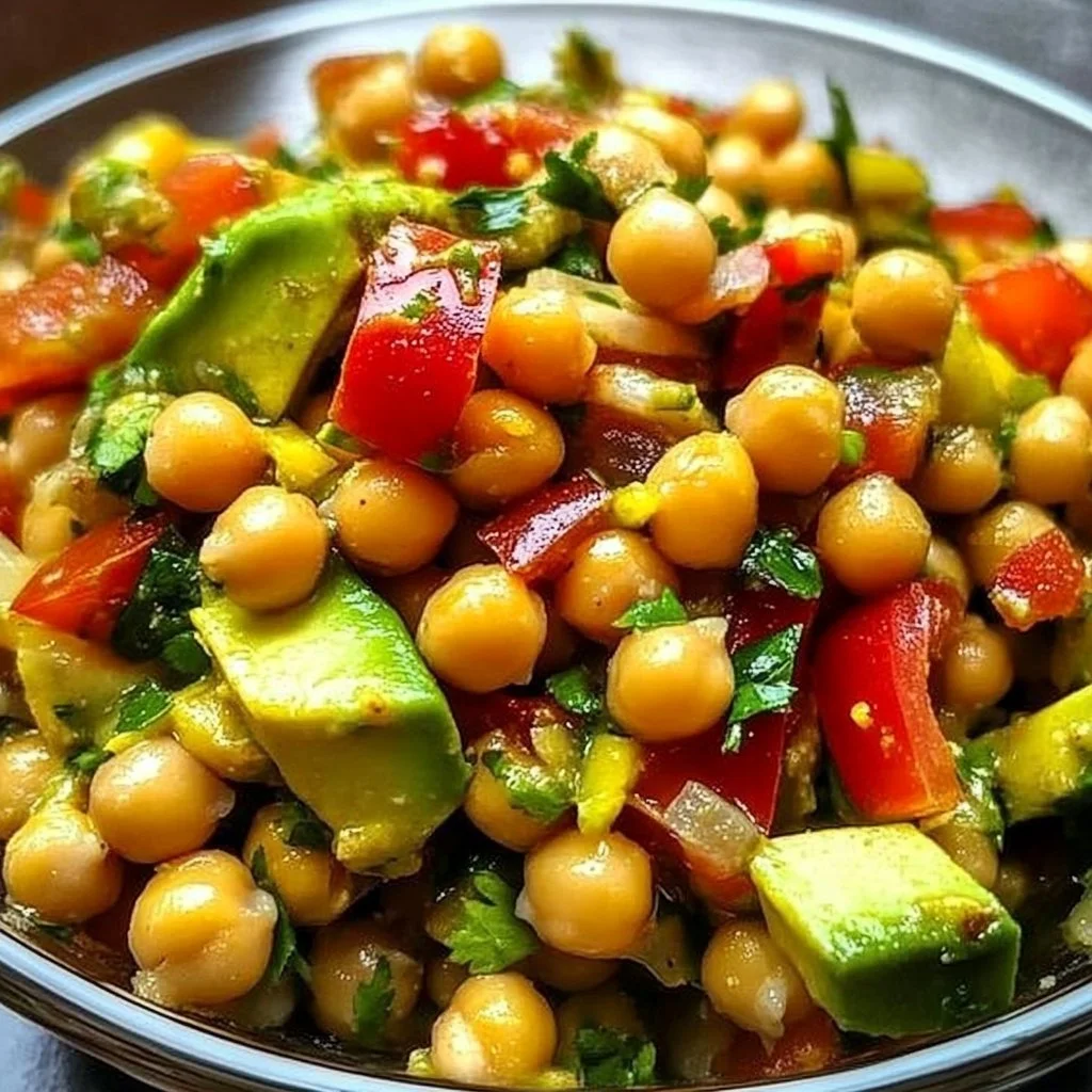 Bowl of colorful Southwest Chickpea Salad with fresh vegetables and toppings