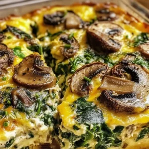 Spinach mushroom breakfast casserole served in a dish, perfect for brunch.