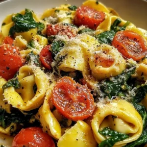 Delicious bowl of Spinach Tomato Tortellini with fresh ingredients and vibrant colors.