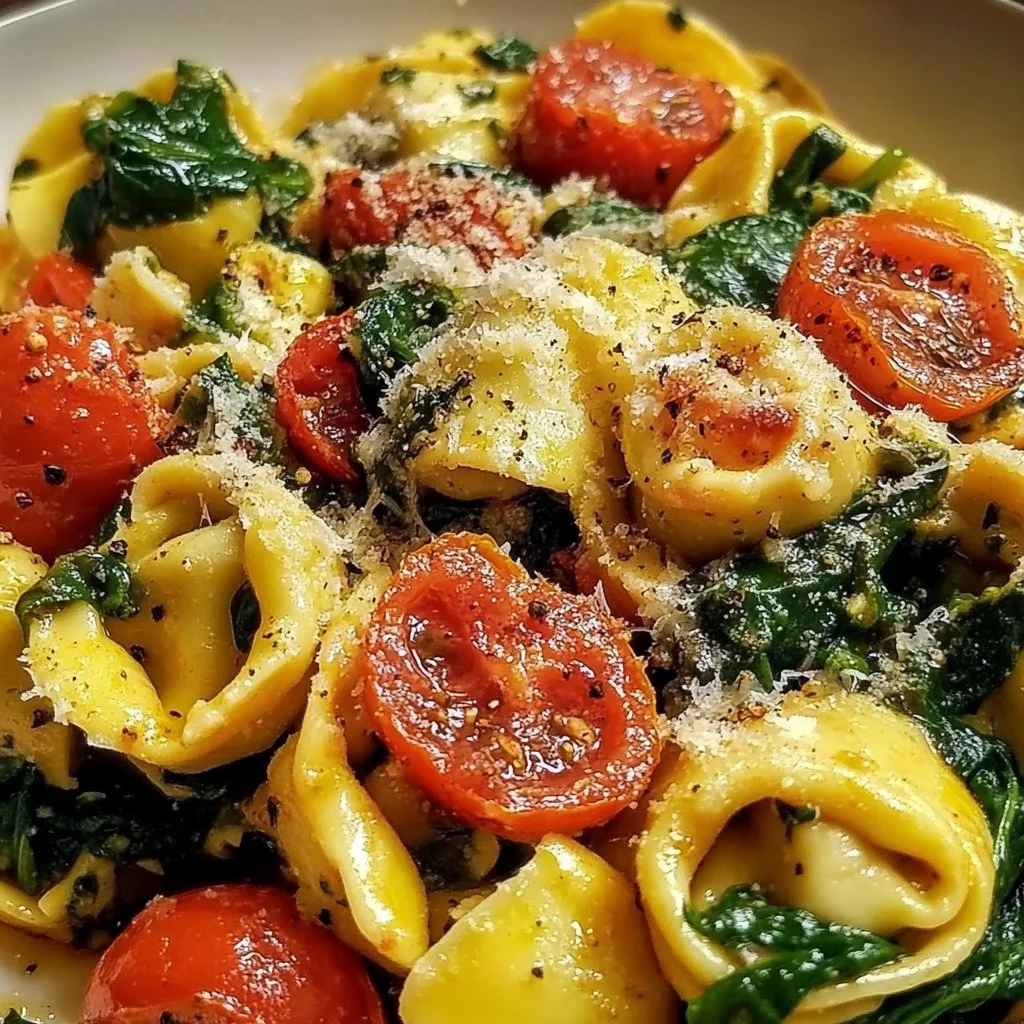 Delicious bowl of Spinach Tomato Tortellini with fresh ingredients and vibrant colors.