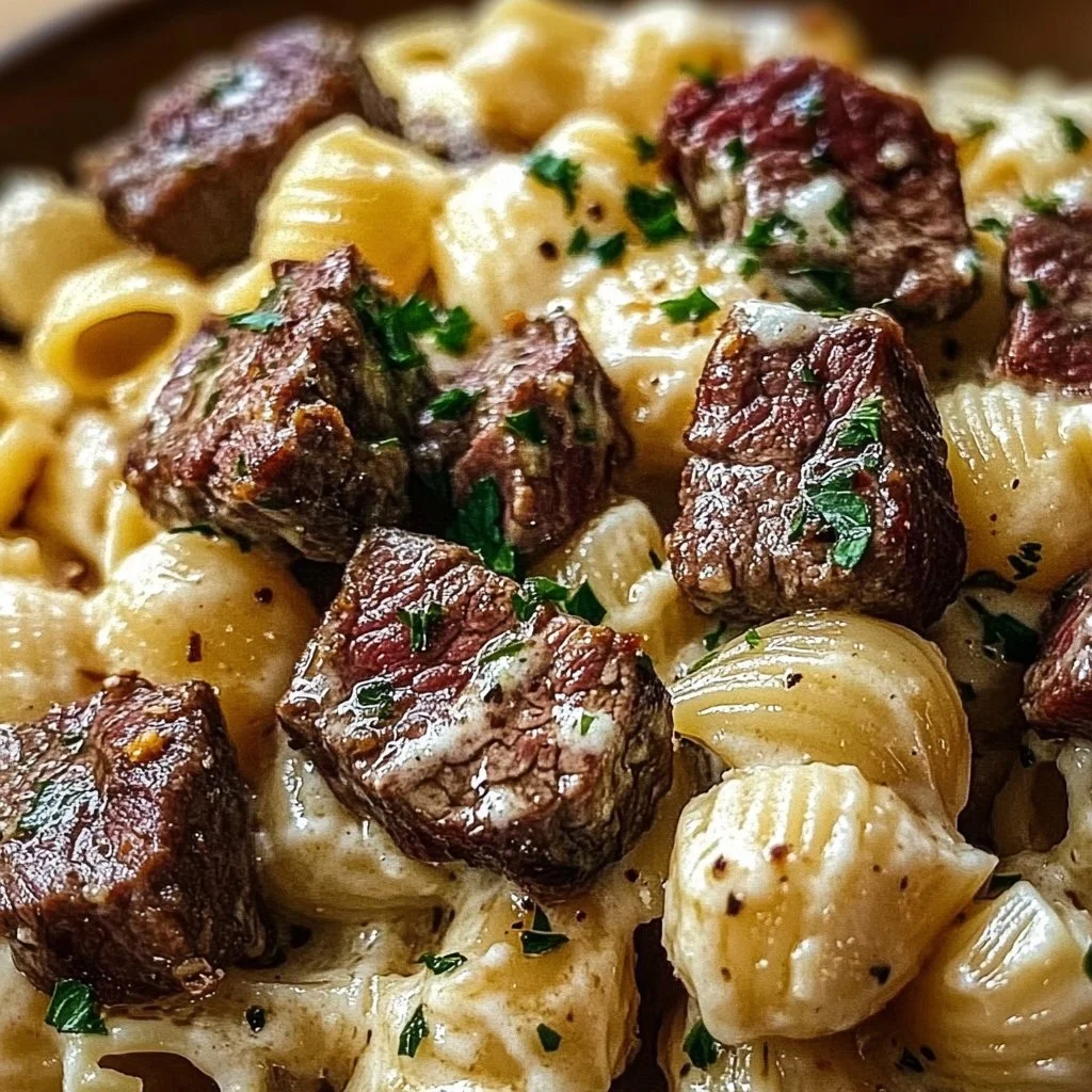 Steak Bites and Shell Pasta in Garlic Butter Alfredo Sauce