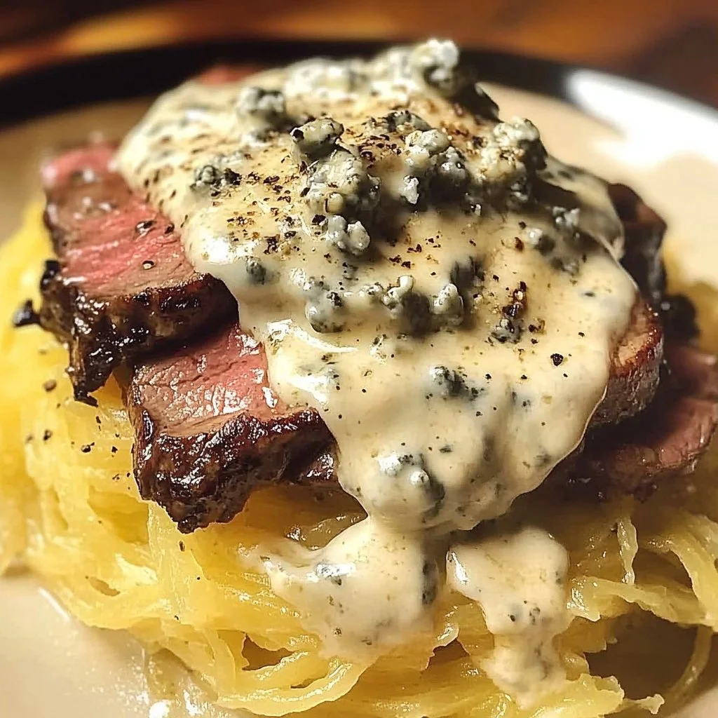 Delicious Steak Gorgonzola Alfredo Spaghetti Squash served with fresh herbs