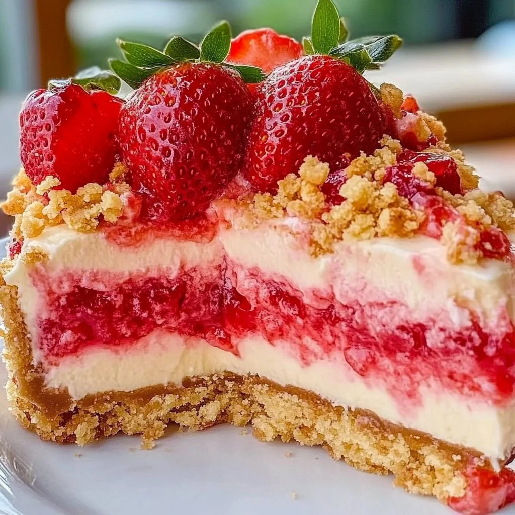 Delicious strawberry cheesecake crunch dessert topped with fresh strawberries and crunchy layers.