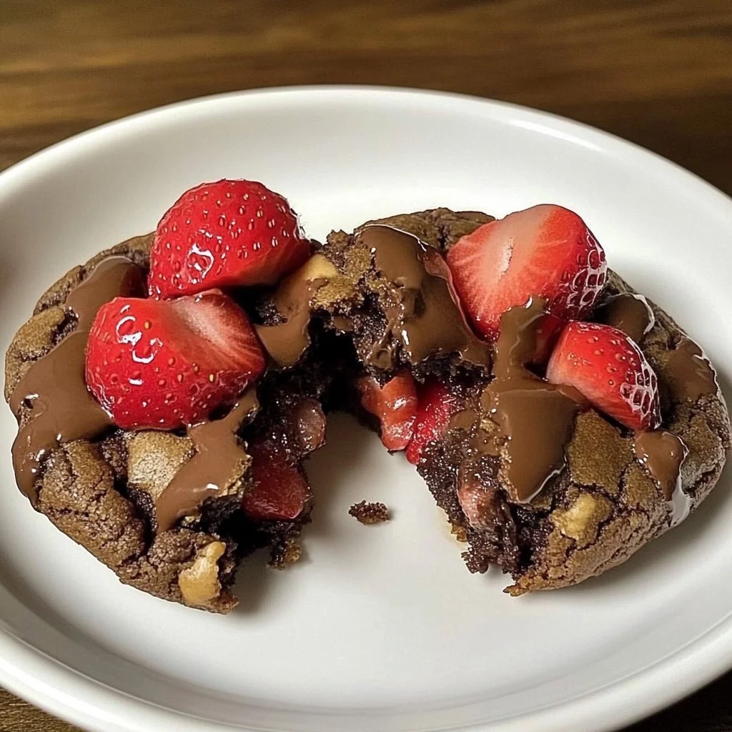Freshly baked strawberry chocolate cookies with vibrant strawberries and chocolate chips