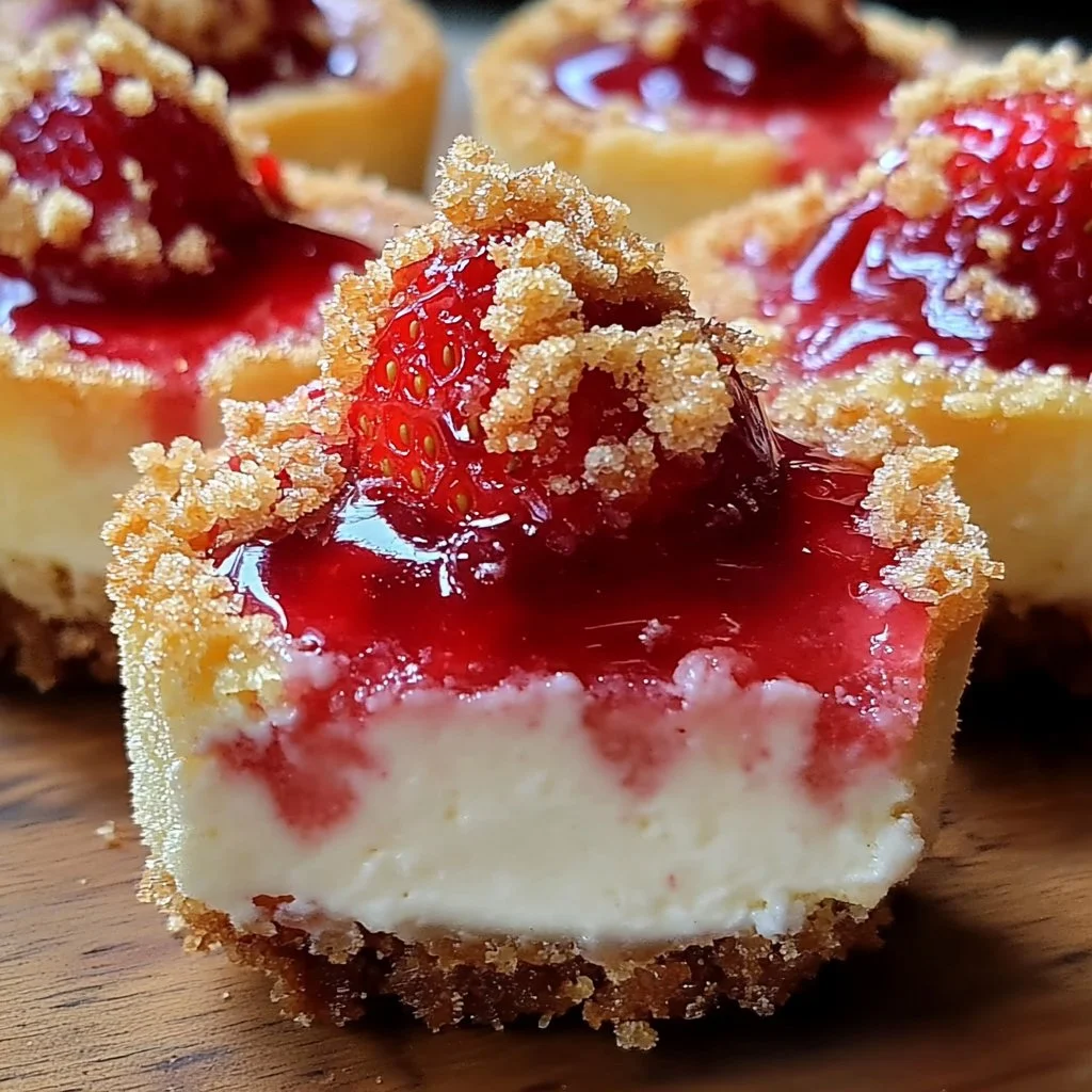 Delicious Strawberry Crunch Cheesecake Bites topped with strawberry crumbs.