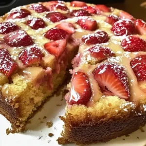 Delicious Strawberry Honeybun Cake topped with fresh strawberries and icing.