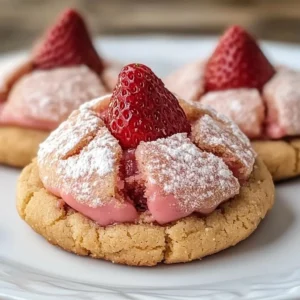 Delicious Strawberry Kiss Cookies with a strawberry on top