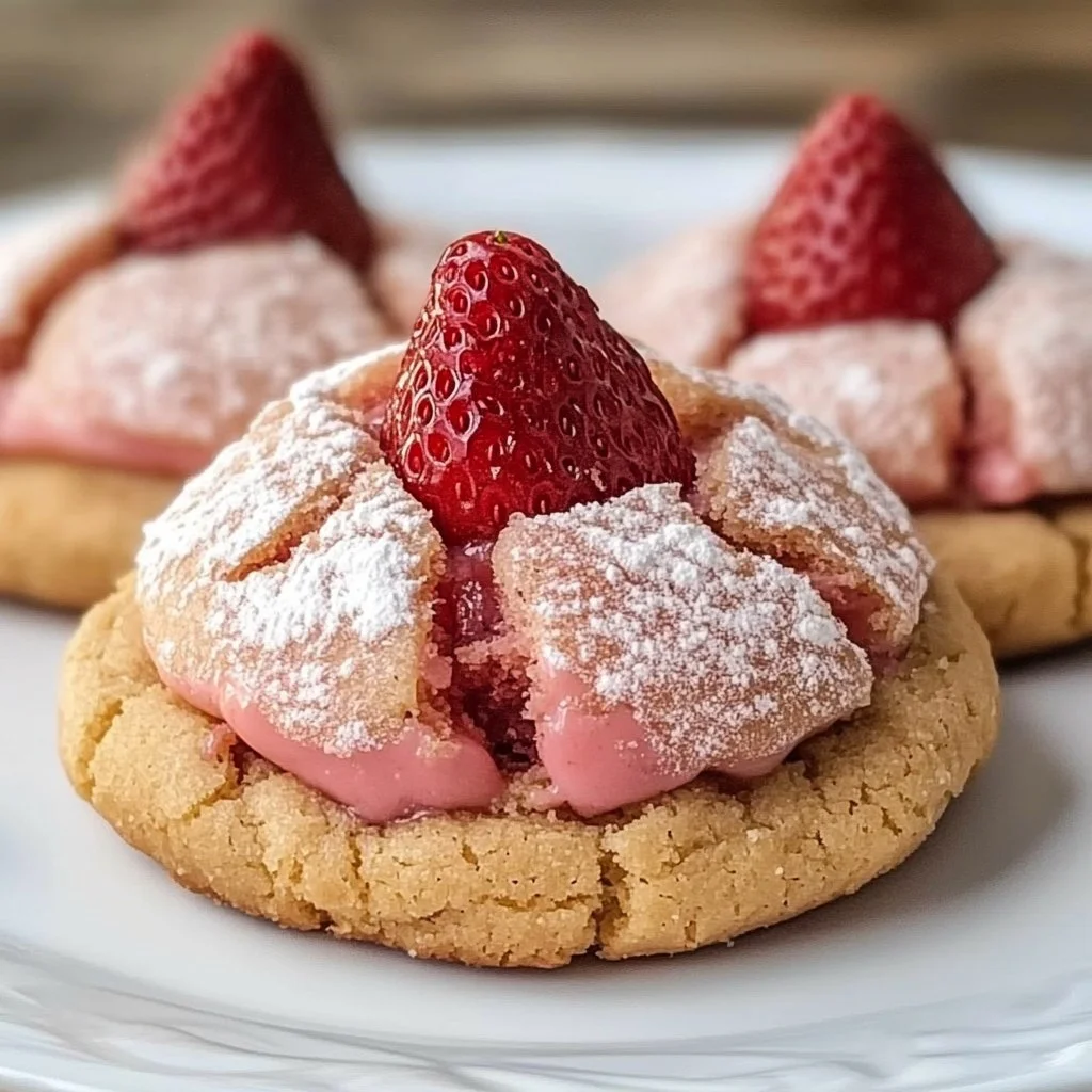 Delicious Strawberry Kiss Cookies with a strawberry on top