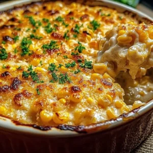 Delicious street corn chicken casserole topped with cheese and spices