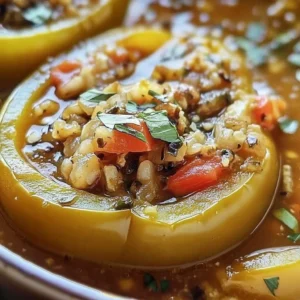 A bowl of Stuffed Banana Pepper Soup with vibrant peppers and herbs
