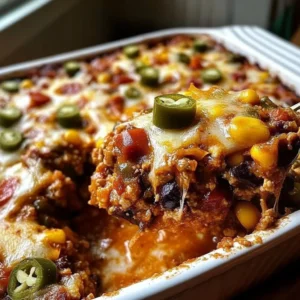 Delicious stuffed Chile casserole topped with melted cheese and fresh herbs.