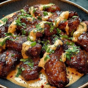 Sweet Chili Beef Strips served with Lime Ranch dressing on a plate