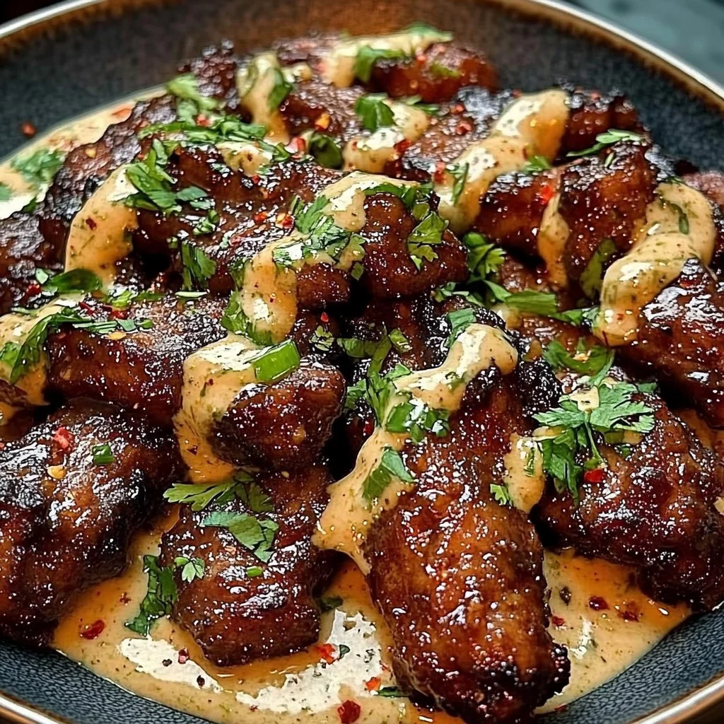 Sweet Chili Beef Strips served with Lime Ranch dressing on a plate