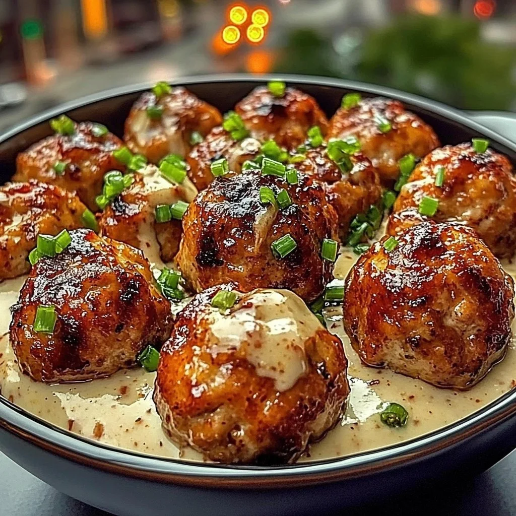 Delicious sweet chili chicken meatballs garnished with sesame seeds and spring onions.