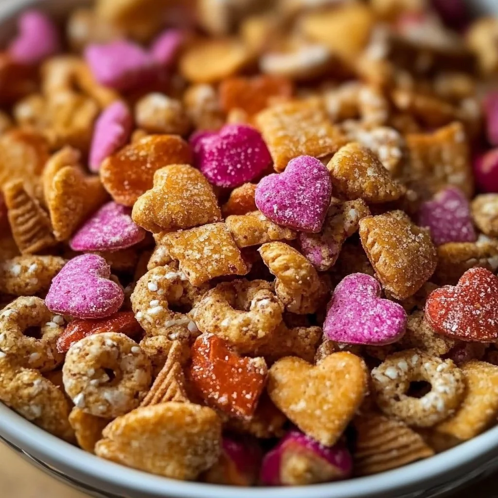 Sweetheart Snack Mix with colorful candies and crunchy snacks in a bowl.