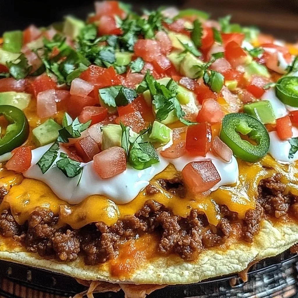 Taco Bell Mexican Pizza topped with cheese, beans, and fresh ingredients.