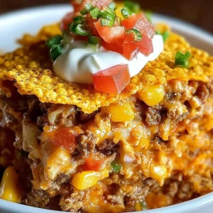 Taco Doritos Casserole topped with cheese and Doritos chips