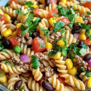 Delicious Taco Pasta Salad with colorful ingredients on a plate.