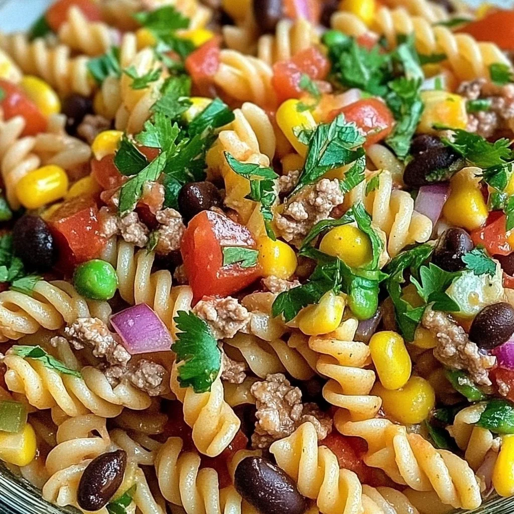 Delicious Taco Pasta Salad with colorful ingredients on a plate.