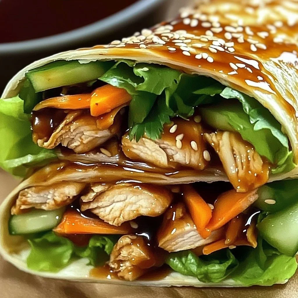 Delicious teriyaki chicken wrap filled with fresh vegetables and sauce