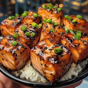 Plate of Teriyaki Salmon Bites garnished with sesame seeds and green onions