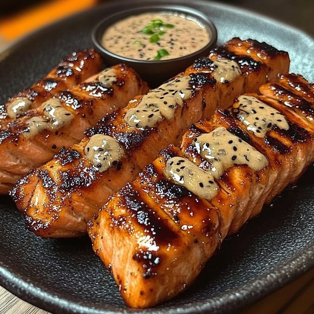 Delicious Teriyaki Salmon strips served with a sesame cream dip