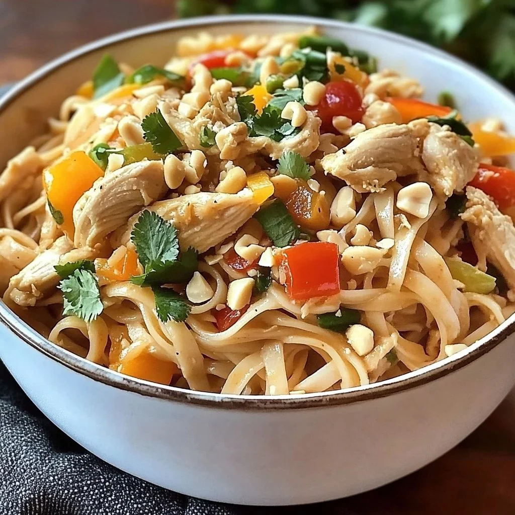Delicious Thai Peanut Chicken Noodle Bowls garnished with fresh herbs