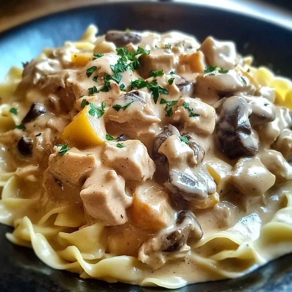 Delicious Turkey Stroganoff served with noodles and fresh herbs