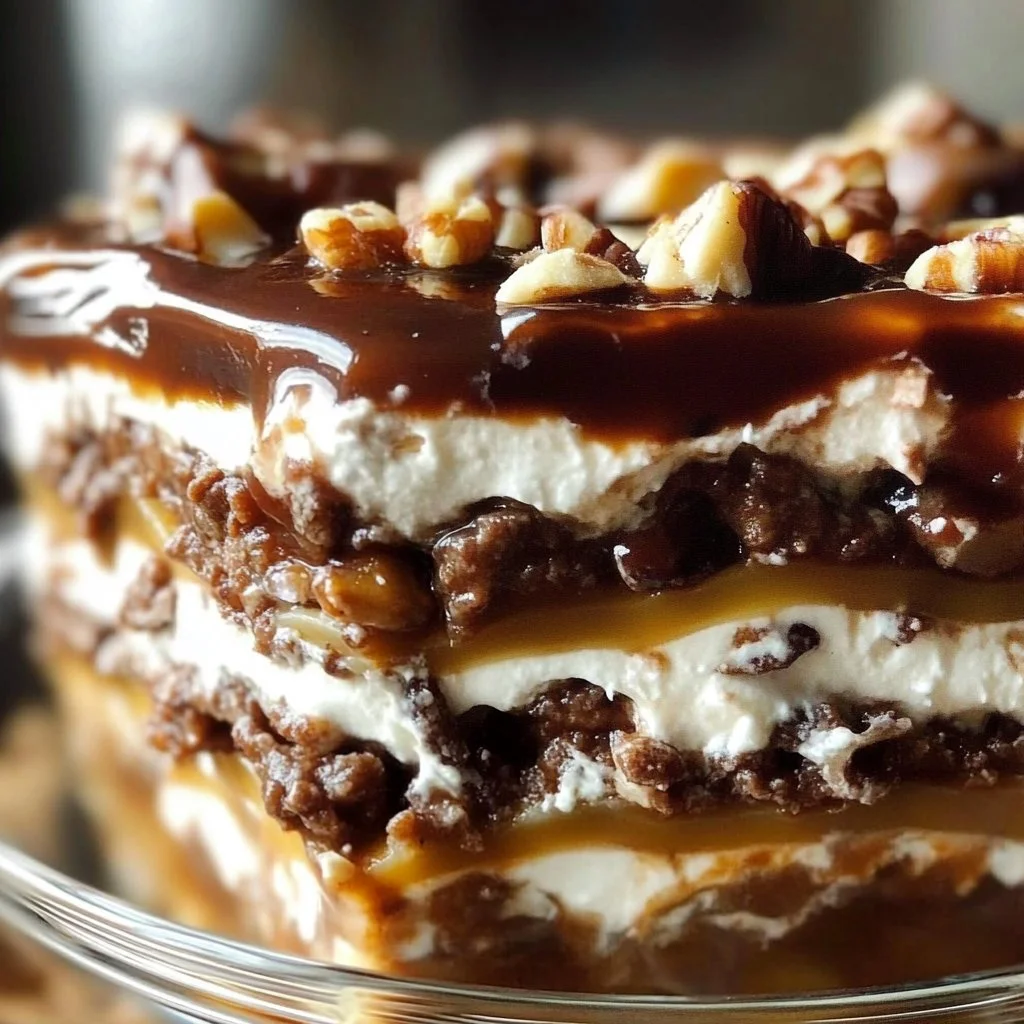 Delicious Turtle Lasagna dessert with seven layers of chocolate, caramel, and nuts.