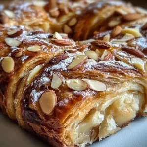 Homemade almond kringle topped with icing and almonds, fresh out of the oven.