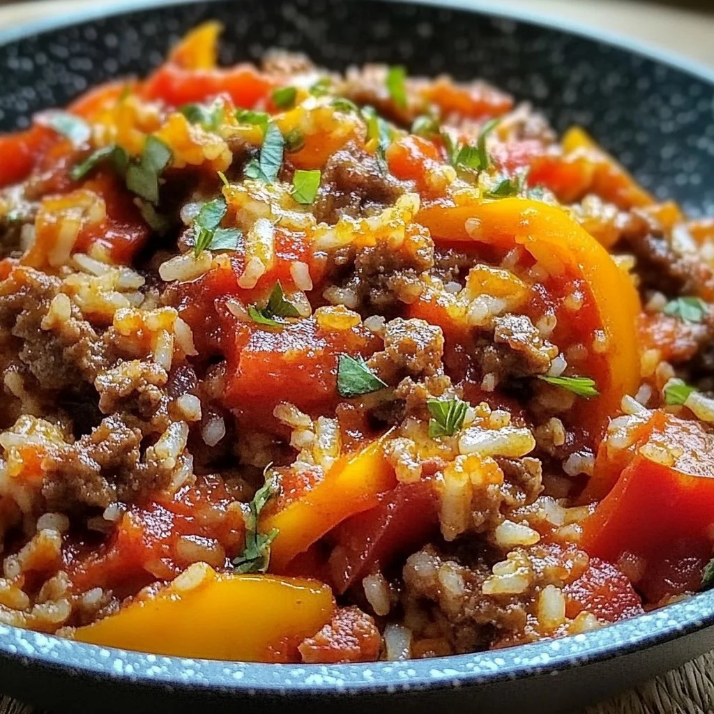 Delicious unstuffed pepper skillet recipe served in a pan