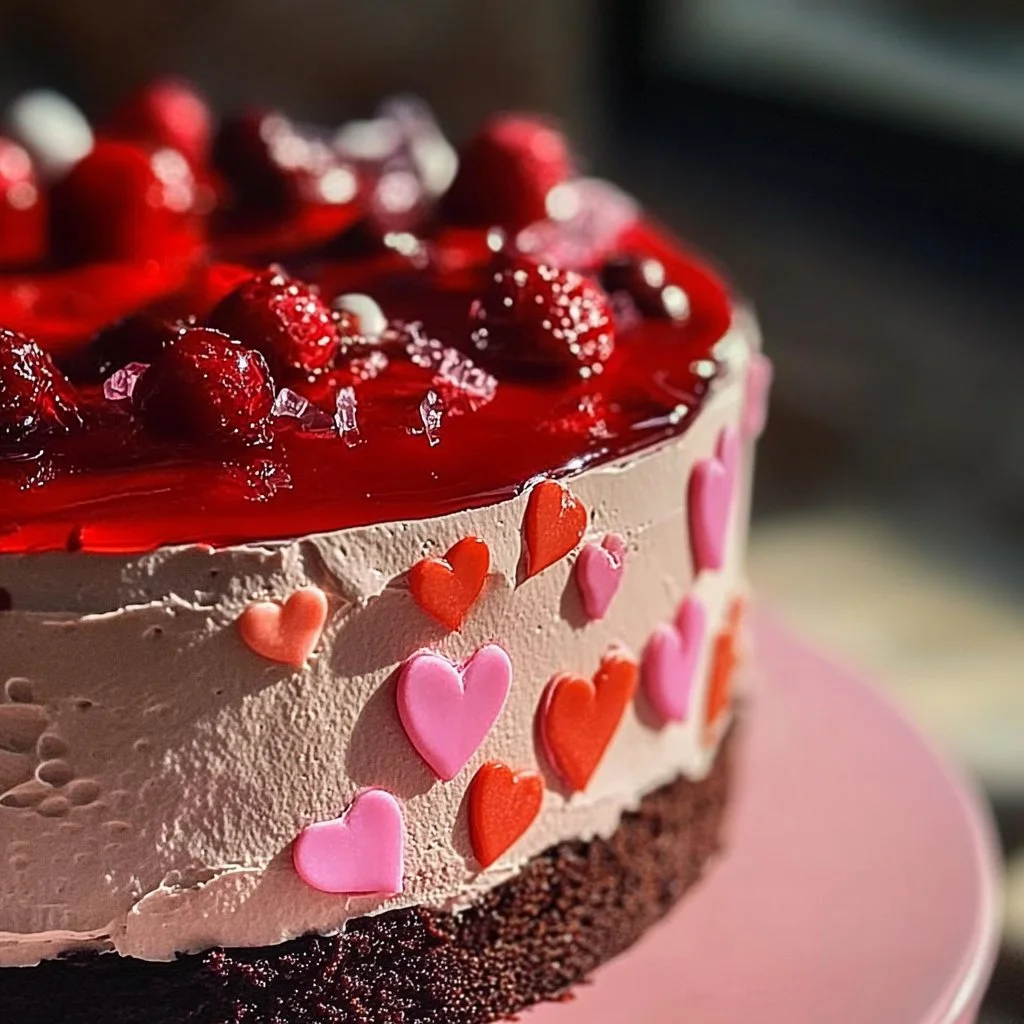Beautifully decorated Valentine Cake with heart-shaped embellishments.