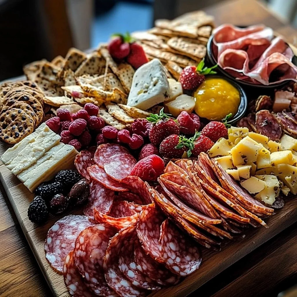 Valentine charcuterie board with an assortment of cheeses, meats, and fruits