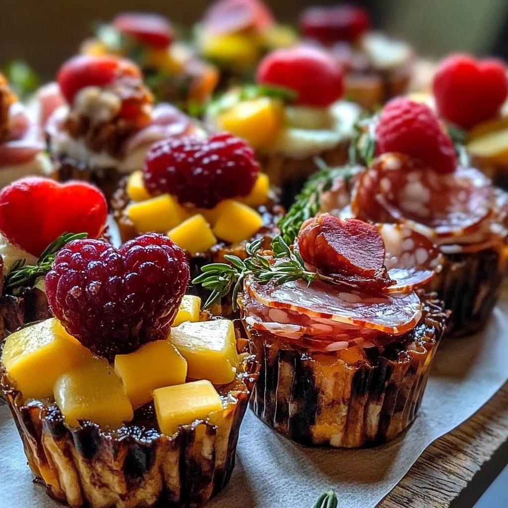 Valentine charcuterie cups filled with cheese, meats, and fresh fruits.