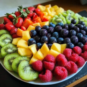 Colorful Valentine fruit platter with hearts and assorted fresh fruits.