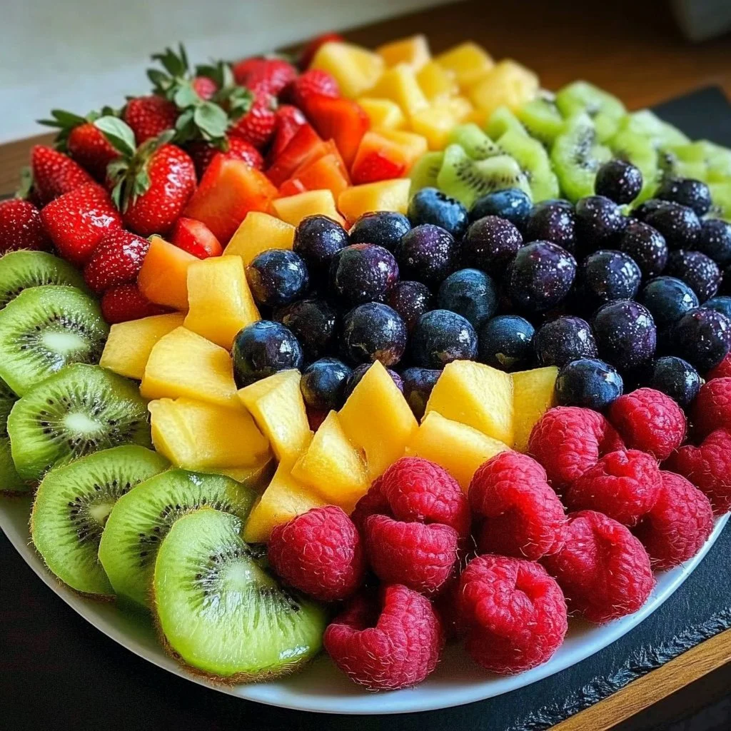 Colorful Valentine fruit platter with hearts and assorted fresh fruits.
